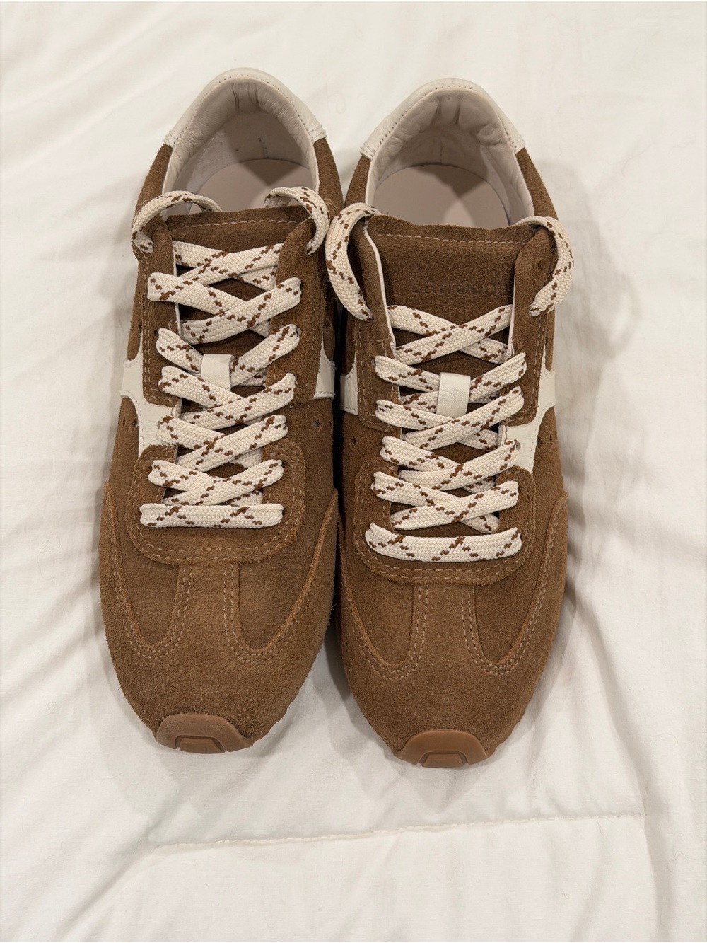Larroude Stella Sneaker In Russet Suede and Ivory Leather